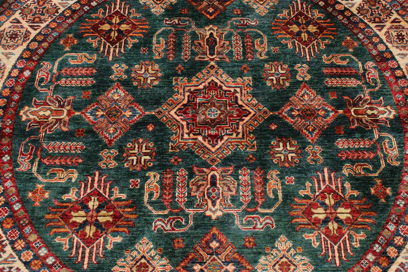 6x6 Green and Red Kazak Tribal Rug