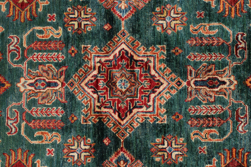 6x6 Green and Red Kazak Tribal Rug