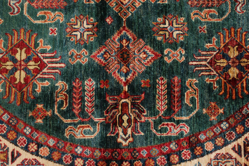 6x6 Green and Red Kazak Tribal Rug