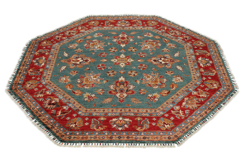 6x6 Green and Red Kazak Tribal Rug