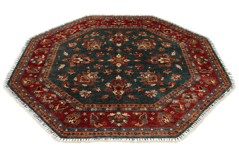 6x6 Green and Red Kazak Tribal Rug