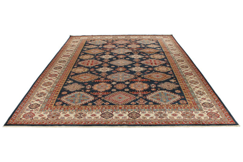 10x13 Navy and Ivory Kazak Tribal Rug