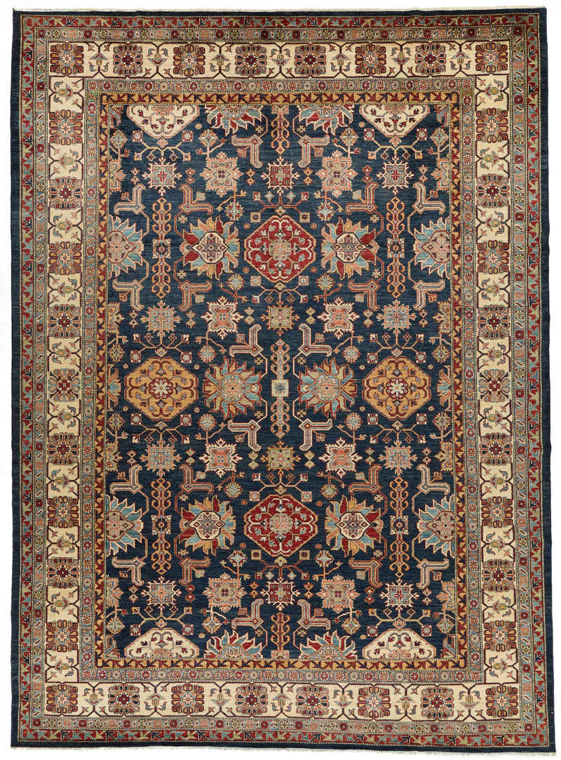 10x13 Navy and Ivory Kazak Tribal Rug