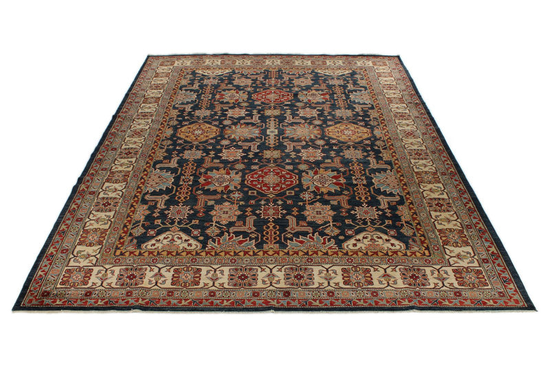 10x13 Navy and Ivory Kazak Tribal Rug