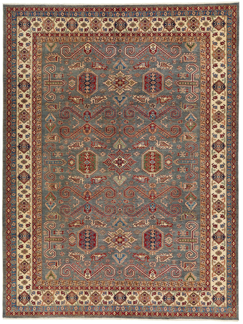 10x13 Gray and Ivory Kazak Tribal Rug