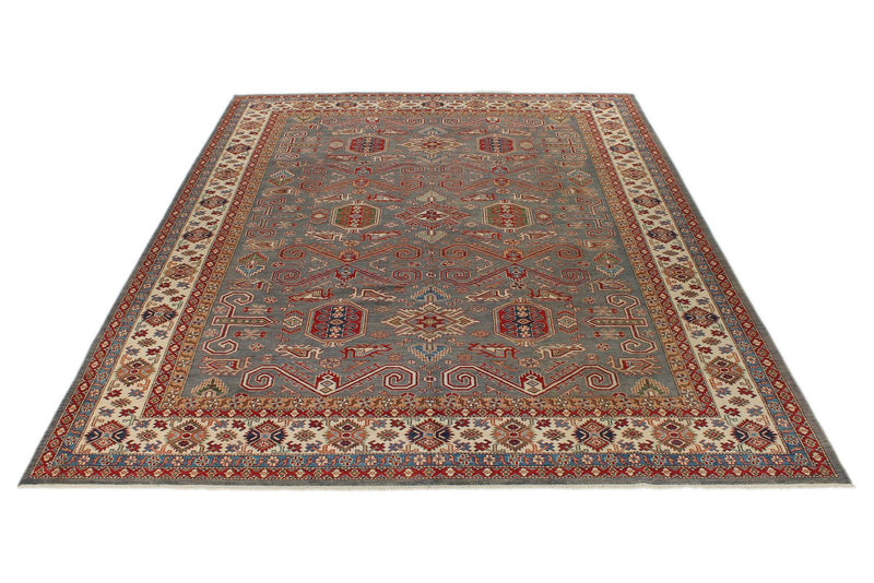 10x13 Gray and Ivory Kazak Tribal Rug