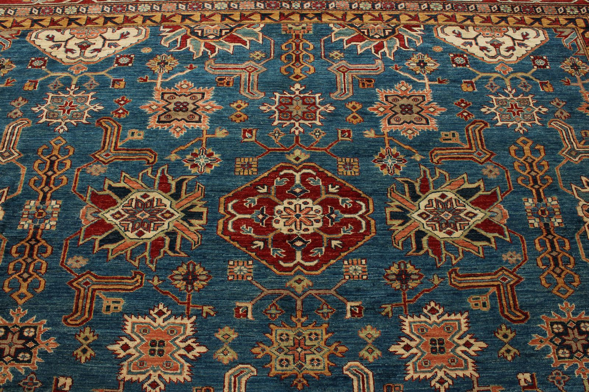 10x13 Blue and Red Kazak Tribal Rug