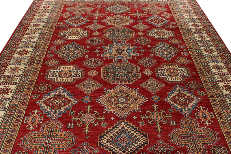 8x10 Red and Ivory Kazak Tribal Rug