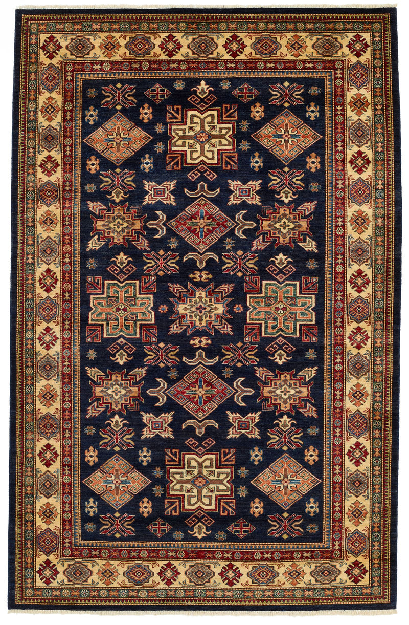 6x9 Navy and Beige Kazak Tribal Rug