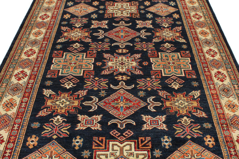 6x9 Navy and Beige Kazak Tribal Rug