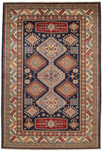 6x9 Navy and Beige Kazak Tribal Rug