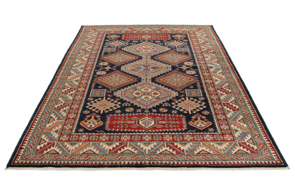 6x9 Navy and Beige Kazak Tribal Rug