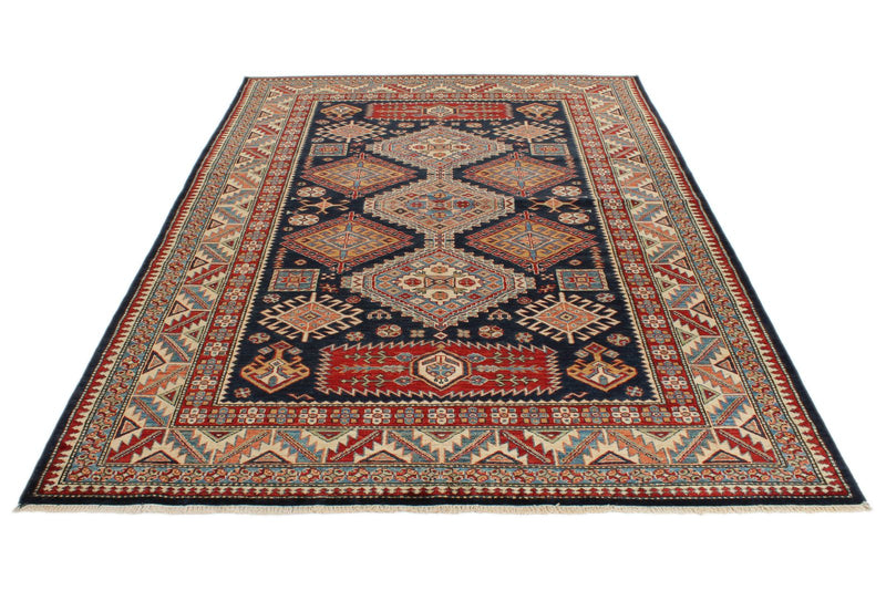 6x9 Navy and Beige Kazak Tribal Rug