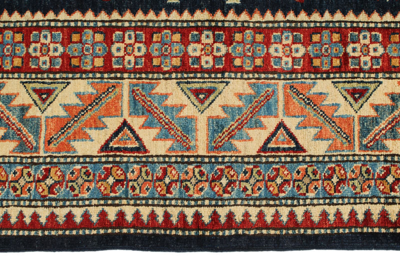 6x9 Navy and Beige Kazak Tribal Rug