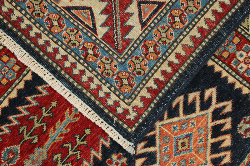 6x9 Navy and Beige Kazak Tribal Rug