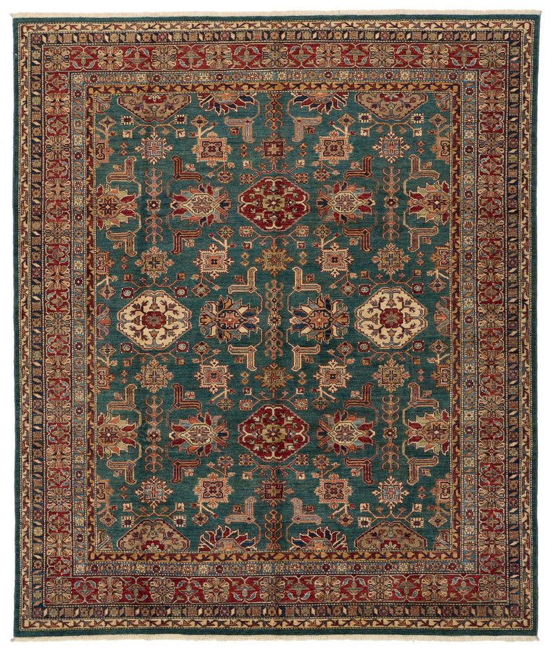 8x9 Green and Multicolor Kazak Tribal Rug