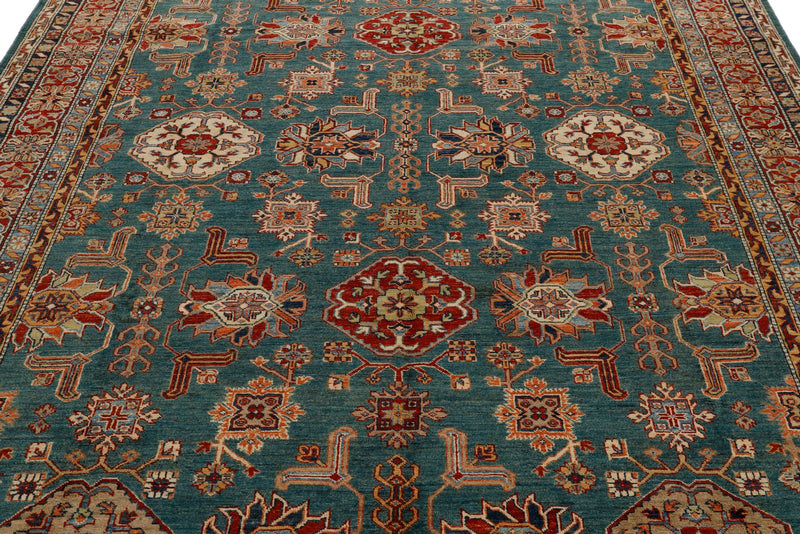 8x9 Green and Multicolor Kazak Tribal Rug