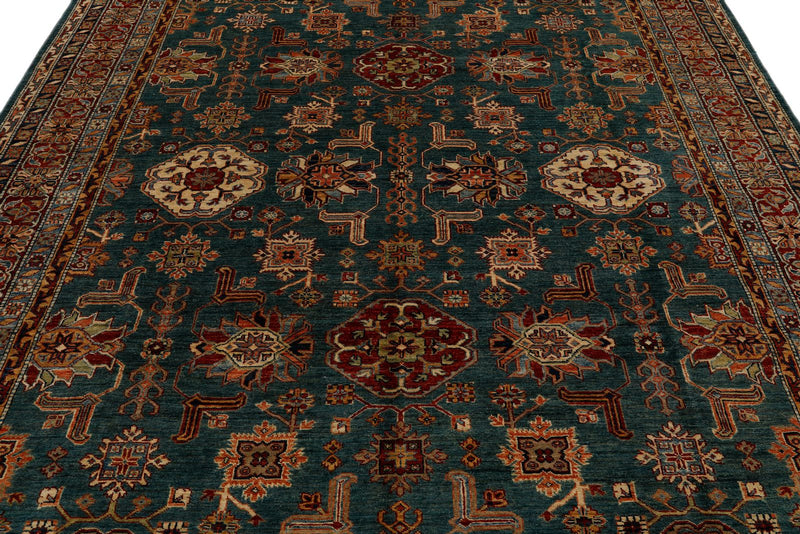 8x9 Green and Multicolor Kazak Tribal Rug