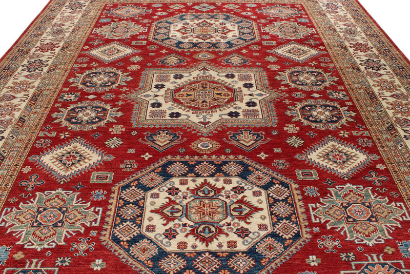 10x13 Red and Ivory Kazak Tribal Rug