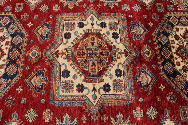 10x13 Red and Ivory Kazak Tribal Rug