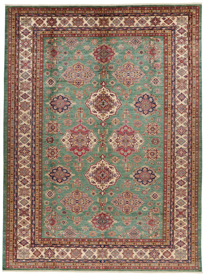 10x14 Green and Ivory Kazak Tribal Rug