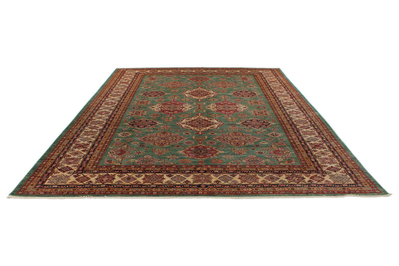 10x14 Green and Ivory Kazak Tribal Rug