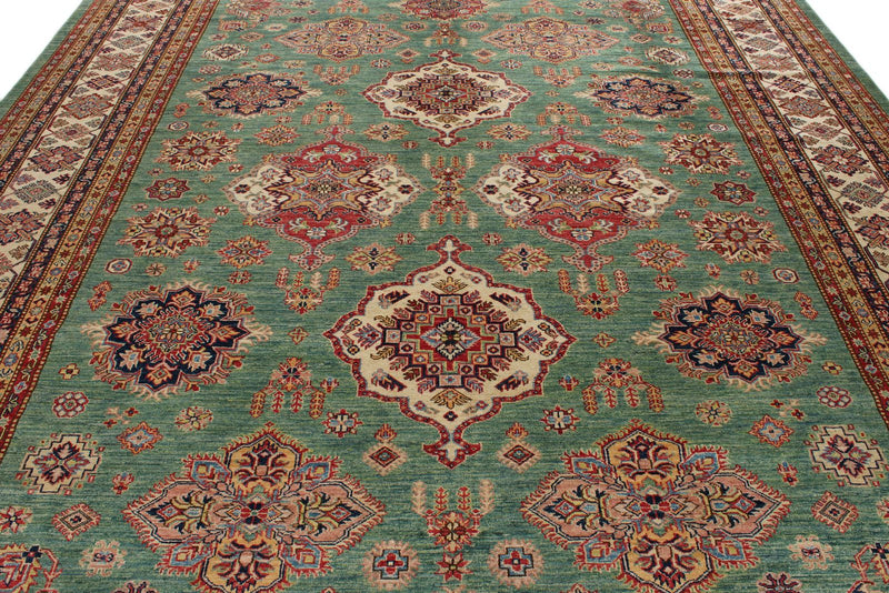 10x14 Green and Ivory Kazak Tribal Rug