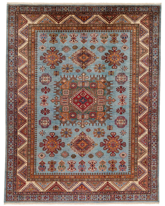 8x10 Blue and Ivory Kazak Tribal Rug