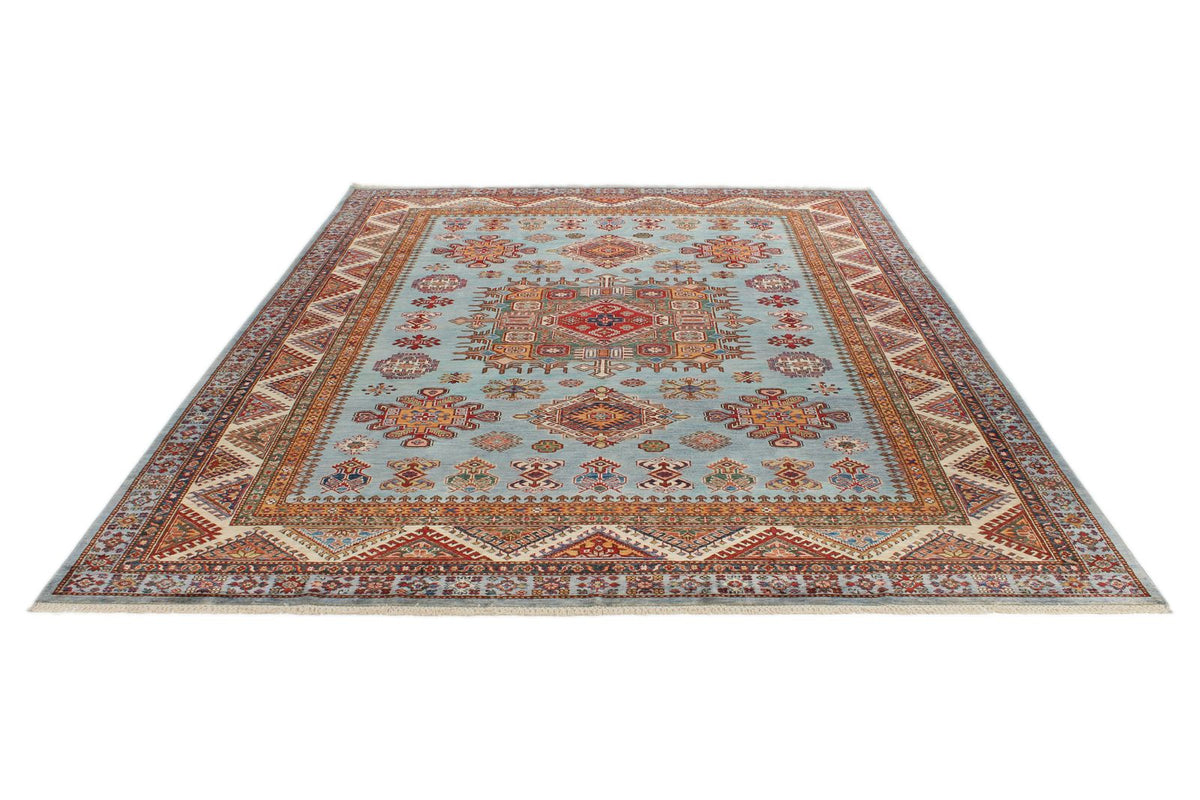 8x10 Blue and Ivory Kazak Tribal Rug