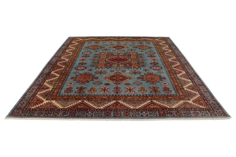 8x10 Blue and Ivory Kazak Tribal Rug