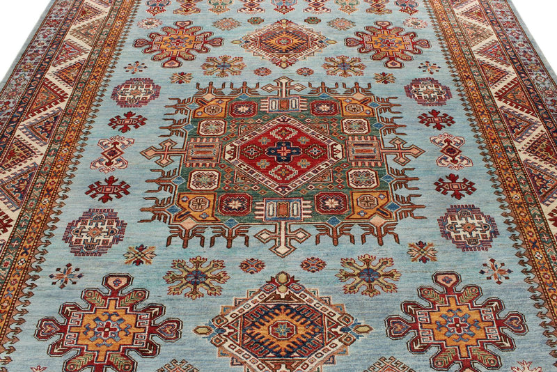 8x10 Blue and Ivory Kazak Tribal Rug