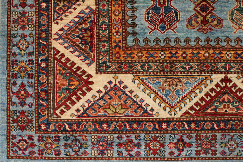 8x10 Blue and Ivory Kazak Tribal Rug