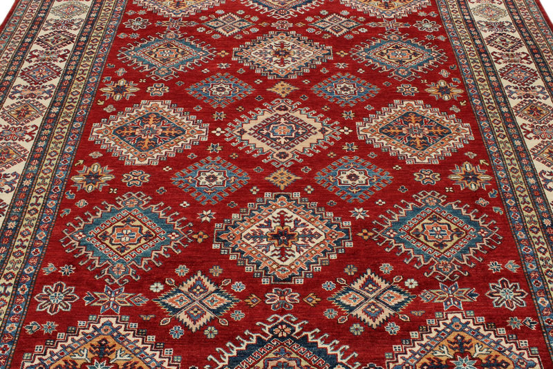 8x10 Red and Ivory Kazak Tribal Rug