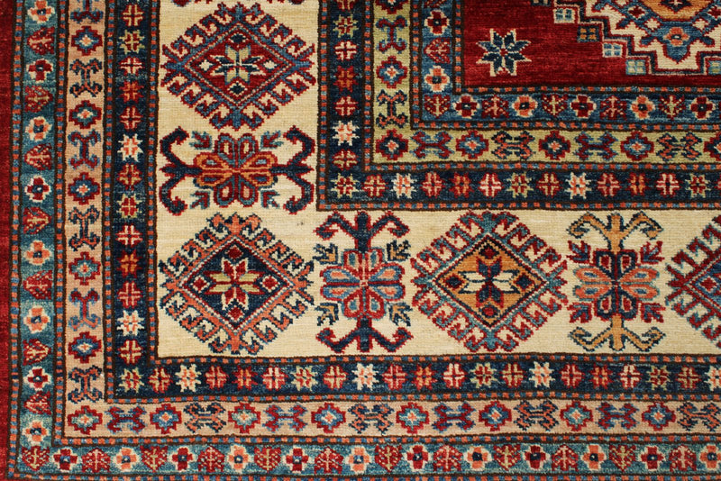 8x10 Red and Ivory Kazak Tribal Rug