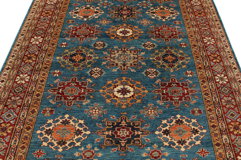 6x8 Light Blue and Red Kazak Tribal Rug