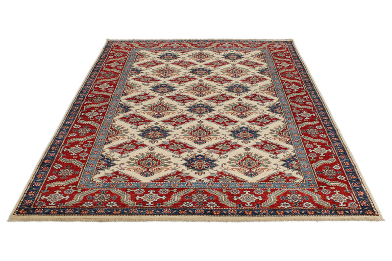 6x8 Beige and Red Kazak Tribal Rug