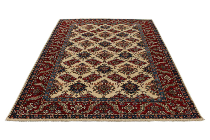 6x8 Beige and Red Kazak Tribal Rug