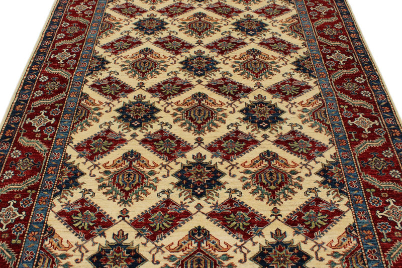 6x8 Beige and Red Kazak Tribal Rug