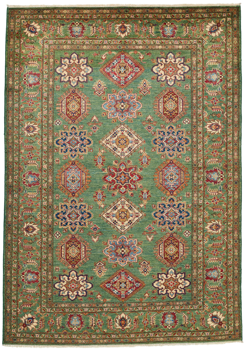 6x8 Green and Multicolor Kazak Tribal Rug