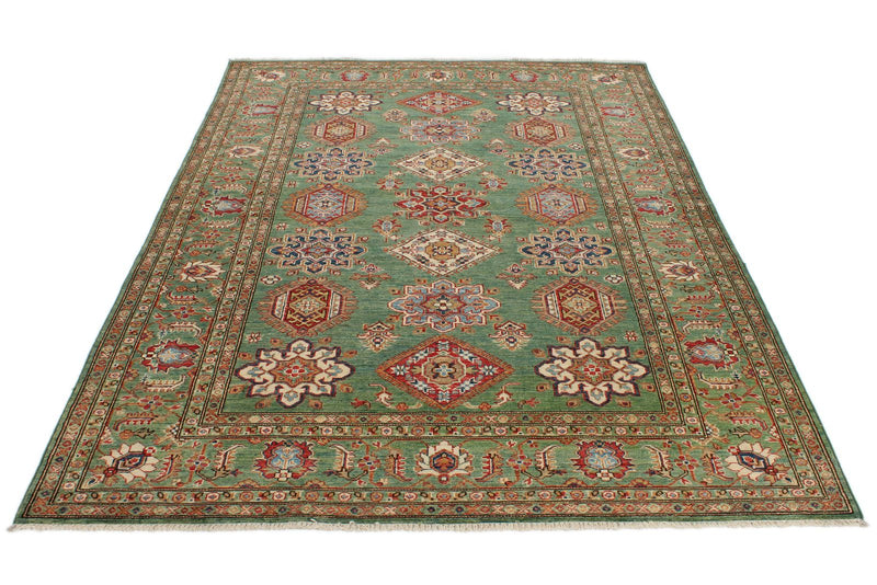 6x8 Green and Multicolor Kazak Tribal Rug