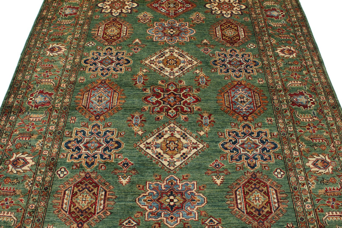 6x8 Green and Multicolor Kazak Tribal Rug