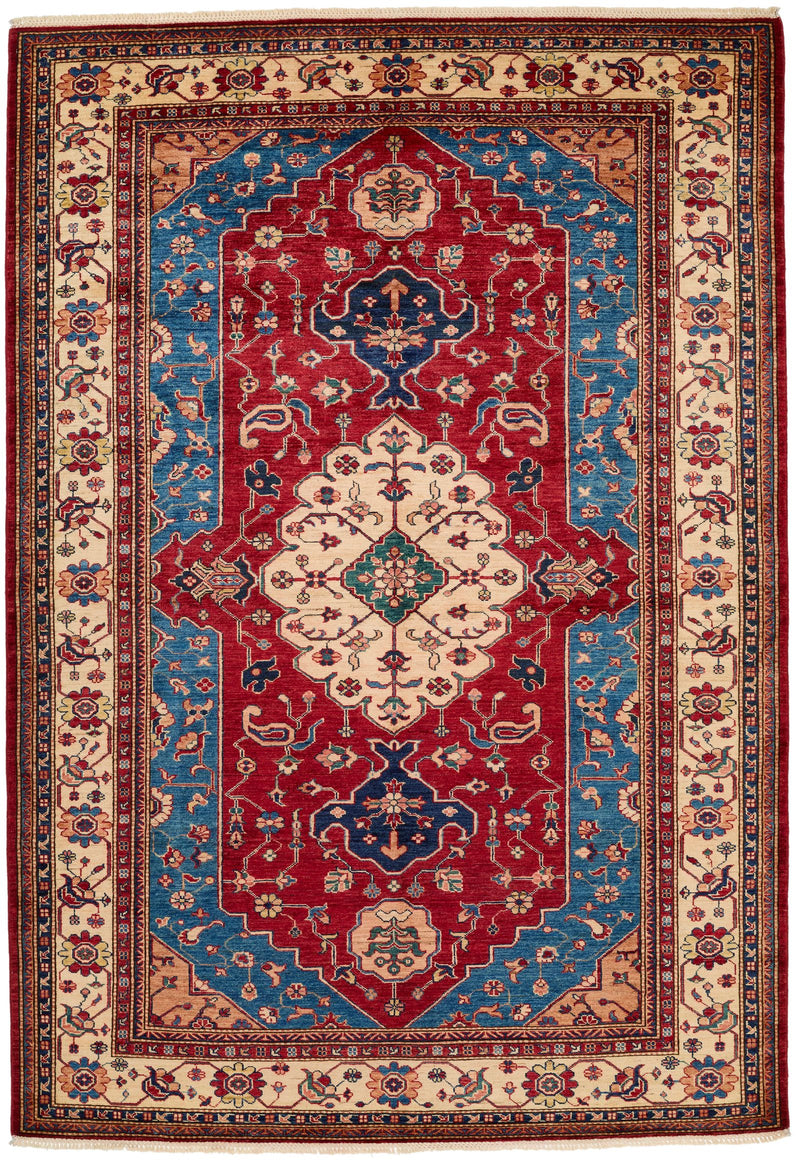 6x9 Red and Ivory Kazak Tribal Rug