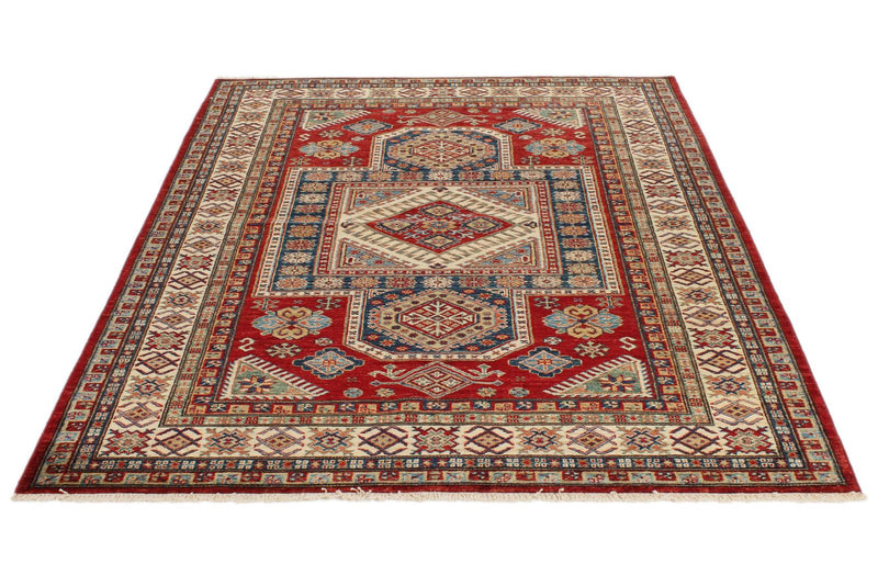 5x7 Red and Beige Kazak Tribal Rug