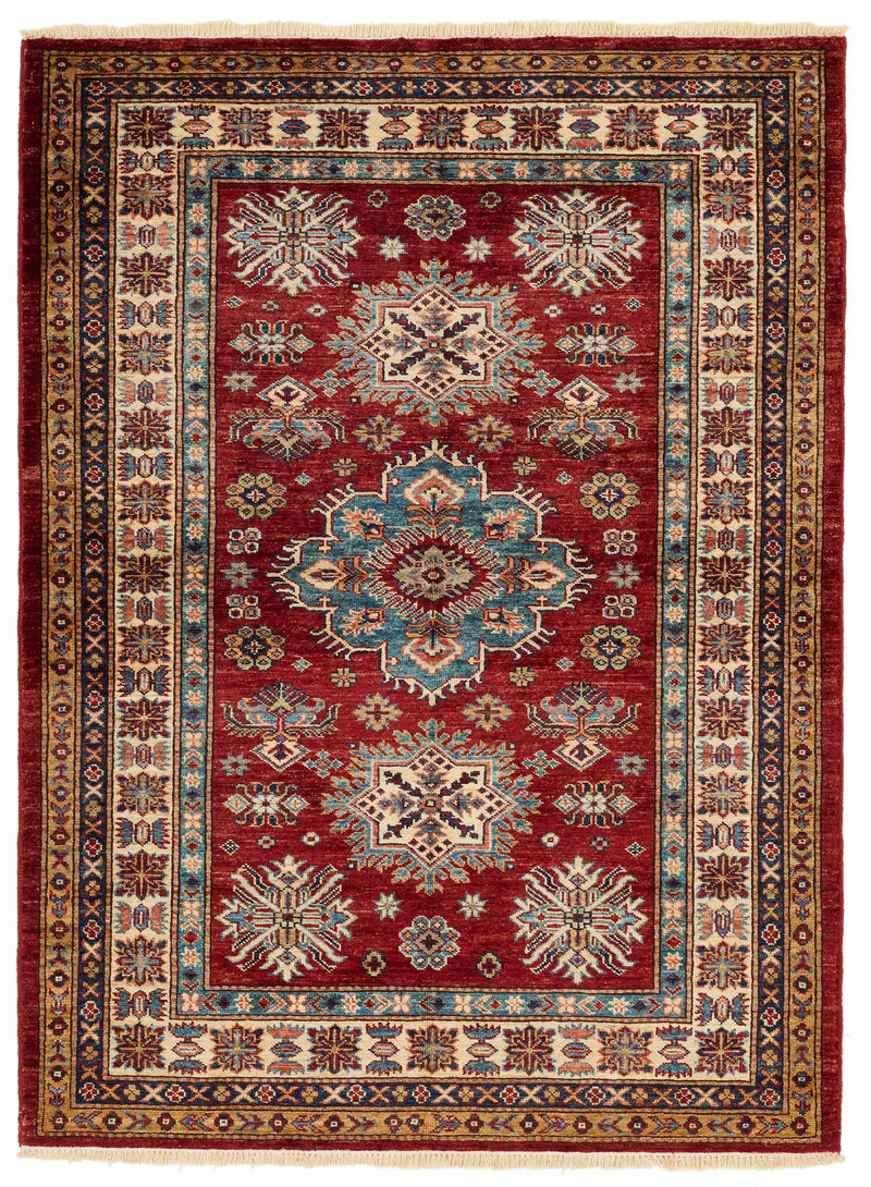 4x5 Red and Ivory Kazak Tribal Rug