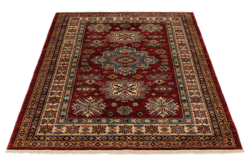 4x5 Red and Ivory Kazak Tribal Rug