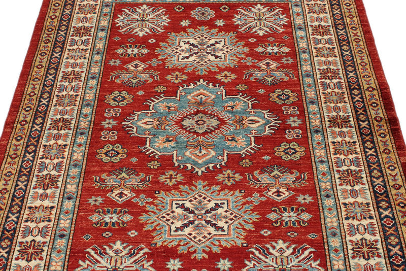 4x5 Red and Ivory Kazak Tribal Rug