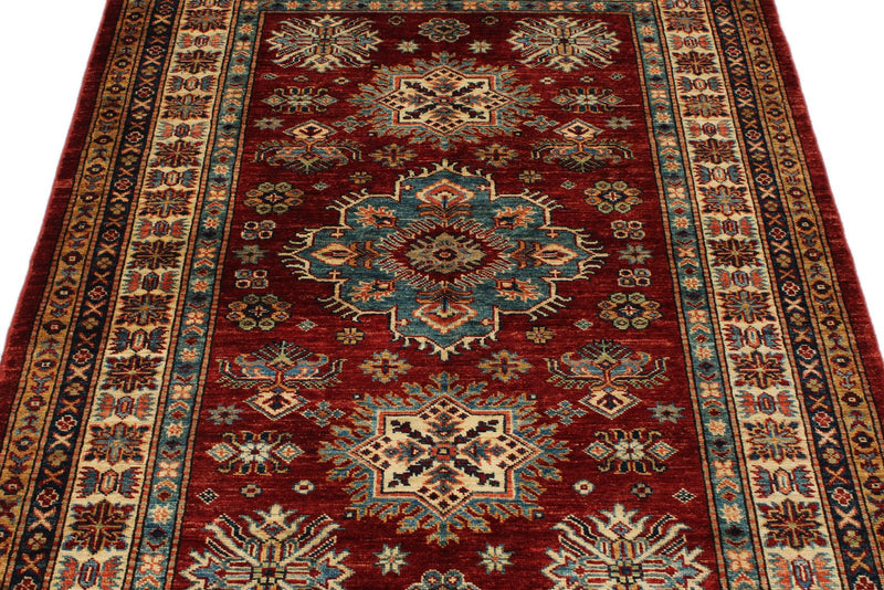 4x5 Red and Ivory Kazak Tribal Rug