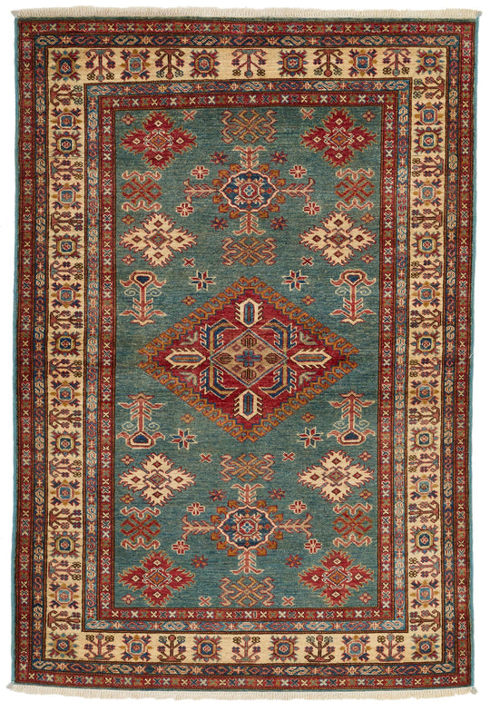 4x6 Light Green and Ivory Kazak Tribal Rug