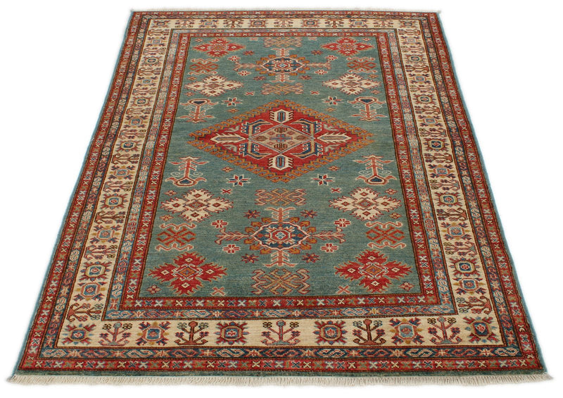 4x6 Light Green and Ivory Kazak Tribal Rug