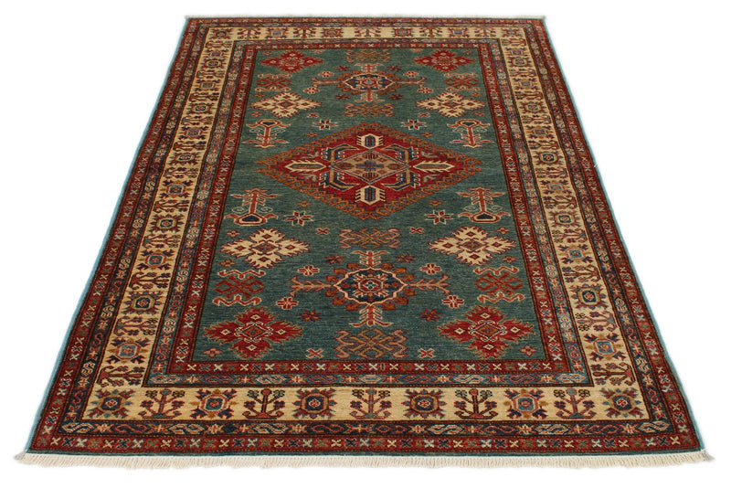 4x6 Light Green and Ivory Kazak Tribal Rug